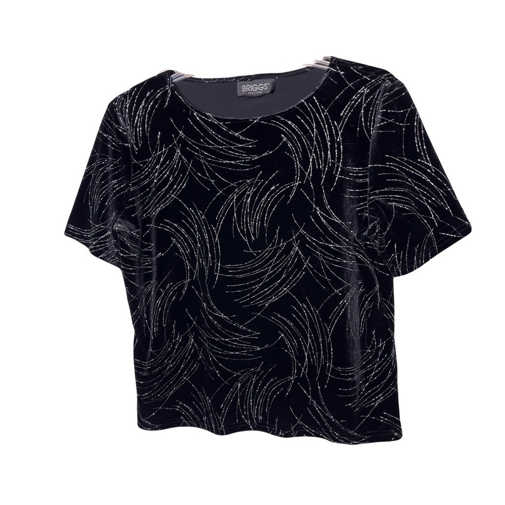 Briggs New York | Vtg Black Velvet Silver Sparkle Glam Short Sleeve Top, 1X